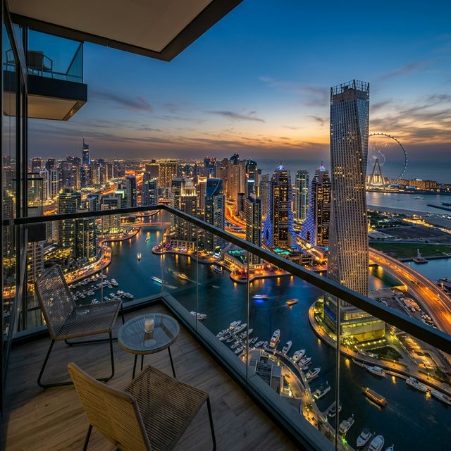 Aerial view of Dubai Marina at dusk with empty apartment balcony